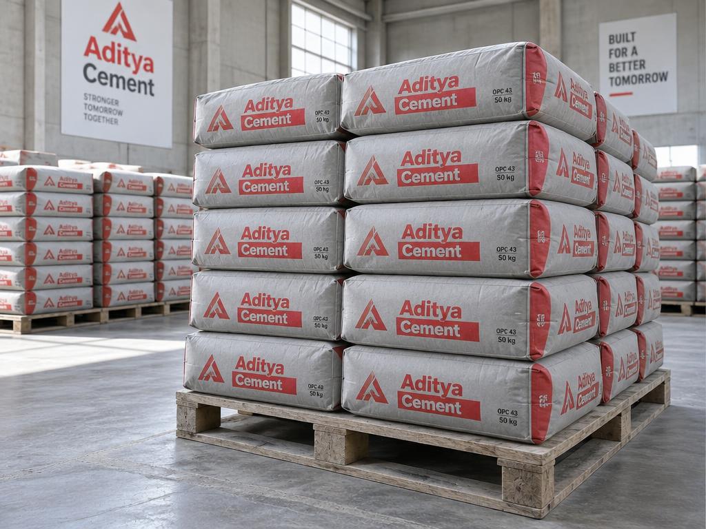 Stacked Aditya cement bags on pallets