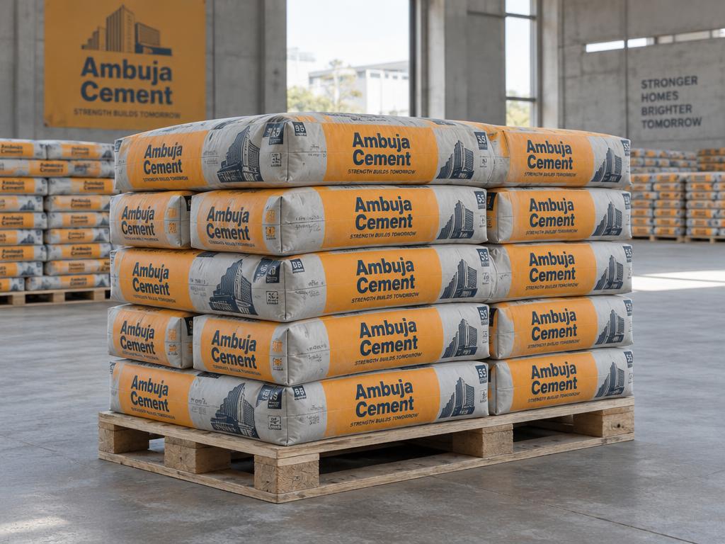 Stacks of Ambuja cement bags in a clean materials warehouse