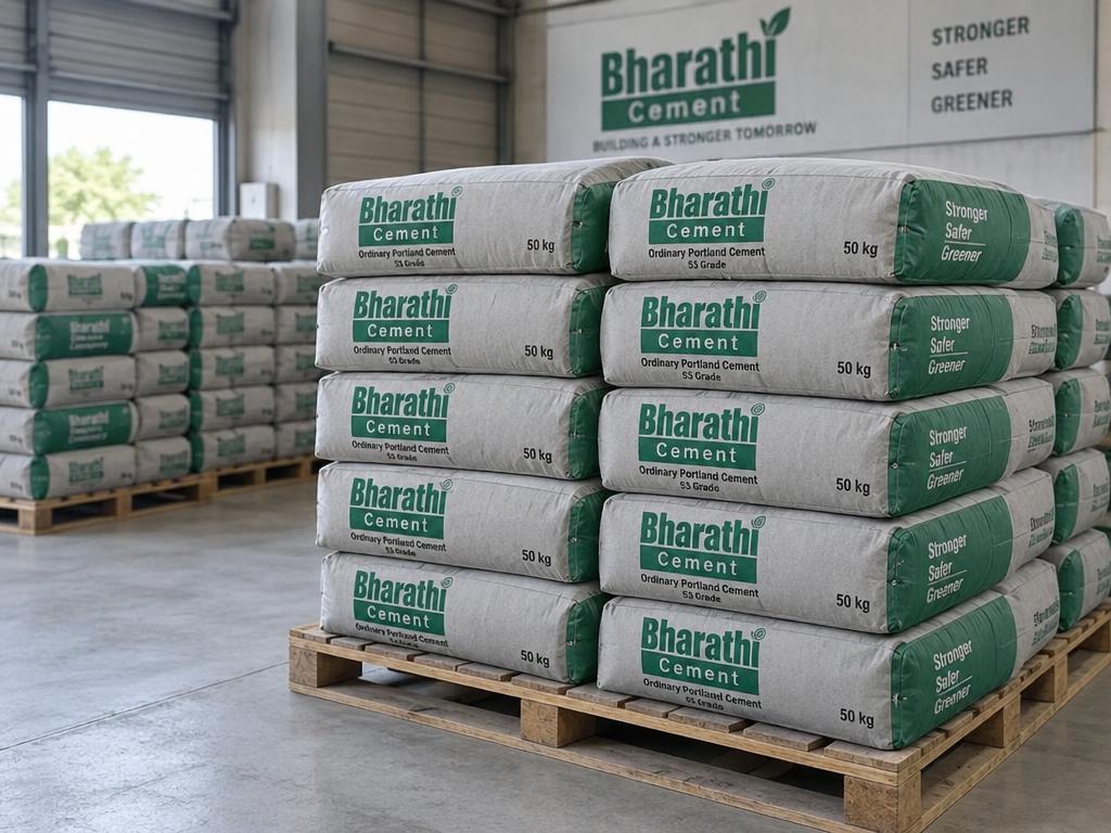 Pallets of stacked Bharathi cement bags