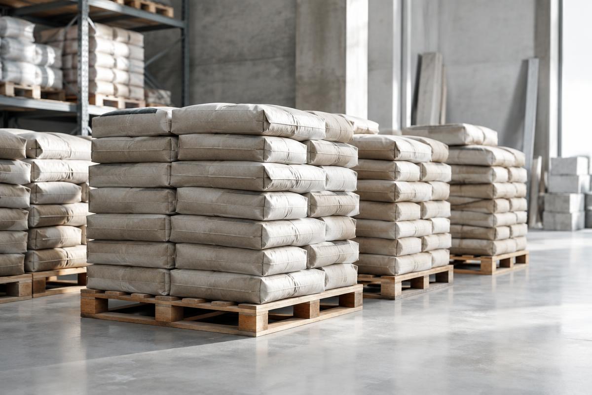 Stacks of neutral cement bags on pallets