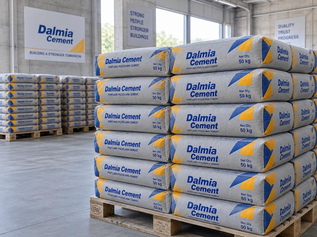Stacked Dalmia cement bags in warehouse storage