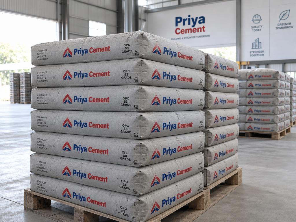 Stacks of Priya cement bags for supply enquiries