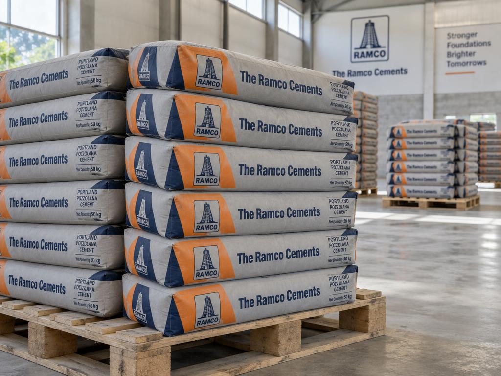 Stacked Ramco cement bags on pallets
