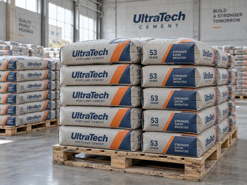 Stacked UltraTech cement bags in a warehouse